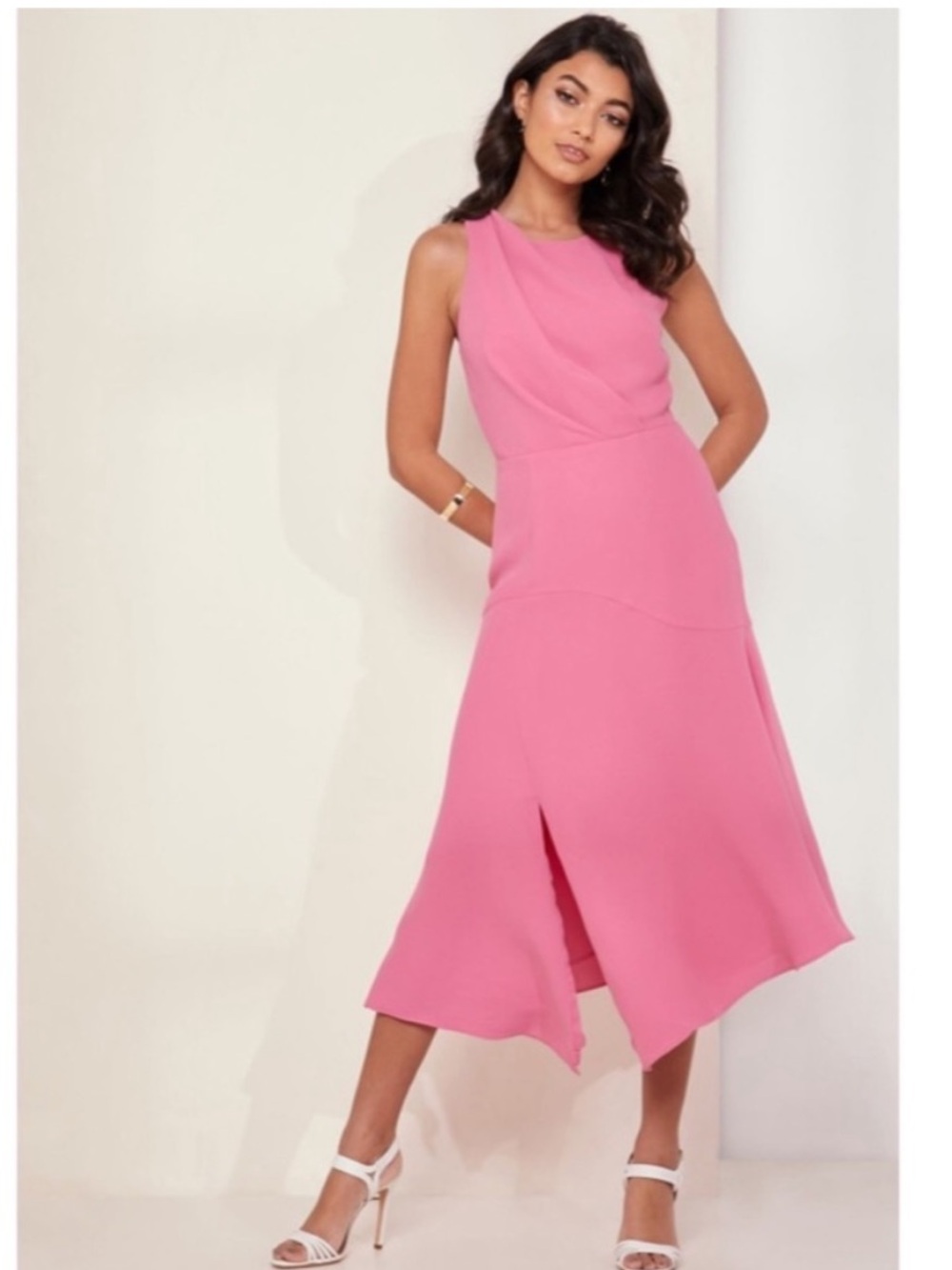 Reiss Pink and White Back-Tie Midi Dress with Front Slit - Picture 2 of 8